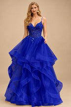 Rutipo Royal Blue Ball Gown V Neck Sweep Train Tulle Prom Dress with Appliqued Beading Ruffles