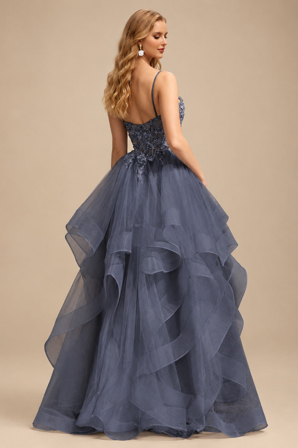 Rutipo Stormy Ball Gown V Neck Sweep Train Tulle Prom Dress with Appliqued Beading Ruffles