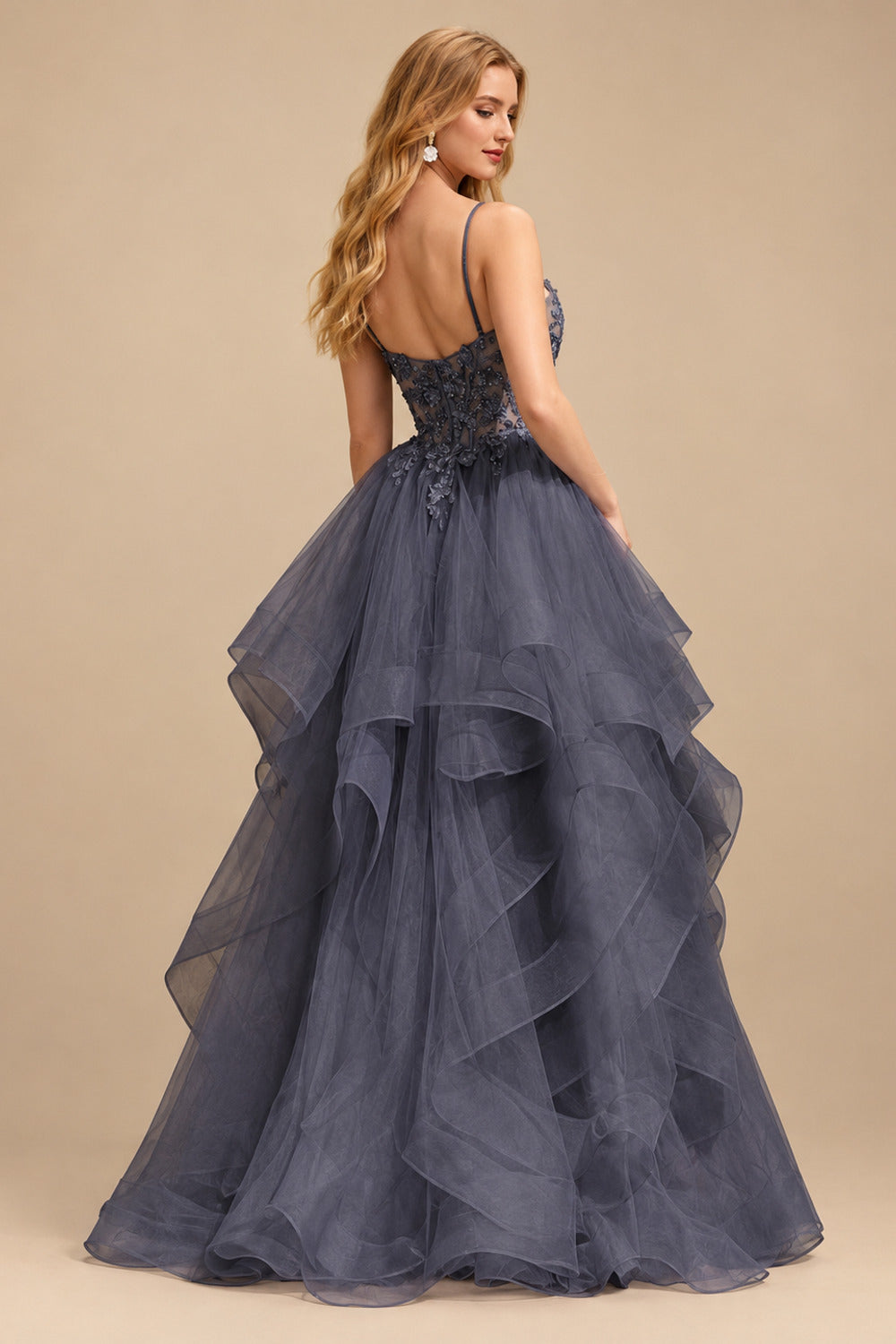 Rutipo Stormy Ball Gown V Neck Sweep Train Tulle Prom Dress with Appliqued Beading Ruffles