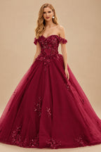 Rutipo Burgundy Ball Gown Off-the-Shoulder Long Tulle Prom Dress with Appliqued Sequins Petticoat