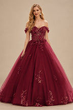 Rutipo Burgundy Ball Gown Off-the-Shoulder Long Tulle Prom Dress with Appliqued Sequins Petticoat