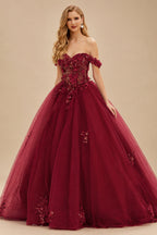 Rutipo Burgundy Ball Gown Off-the-Shoulder Long Tulle Prom Dress with Appliqued Sequins Petticoat