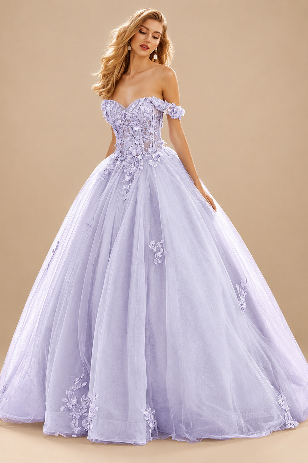 Rutipo Lavender Ball Gown Off-the-Shoulder Long Tulle Prom Dress with Appliqued Sequins Petticoat