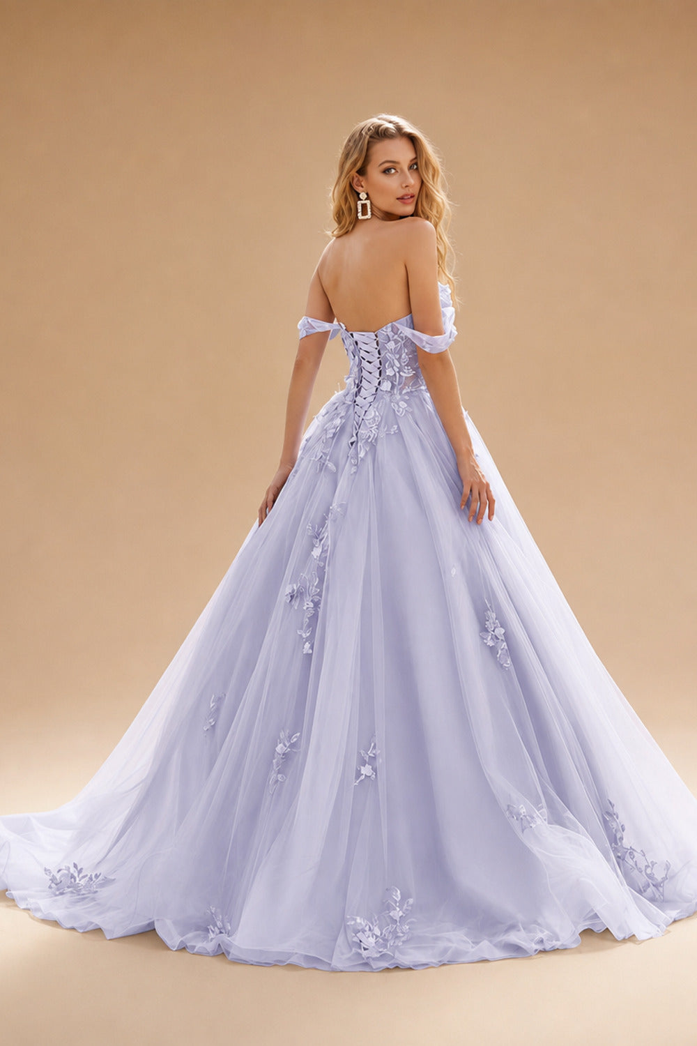 Rutipo Lavender Ball Gown Off-the-Shoulder Long Tulle Prom Dress with Appliqued Sequins Petticoat