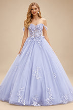 Rutipo Lavender Ball Gown Off-the-Shoulder Long Tulle Prom Dress with Appliqued Sequins Petticoat