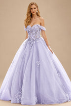Rutipo Lavender Ball Gown Off-the-Shoulder Long Tulle Prom Dress with Appliqued Sequins Petticoat