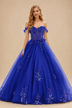 Rutipo Royal Blue Ball Gown Off-the-Shoulder Long Tulle Prom Dress with Appliqued Sequins Petticoat