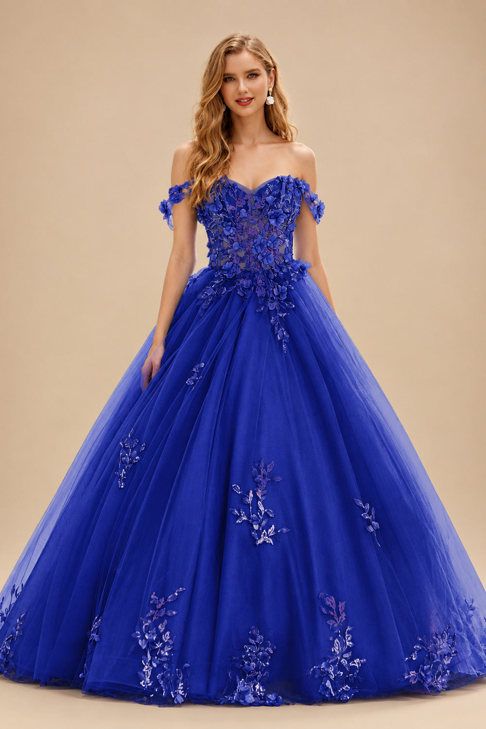 Rutipo Royal Blue Ball Gown Off-the-Shoulder Long Tulle Prom Dress with Appliqued Sequins Petticoat