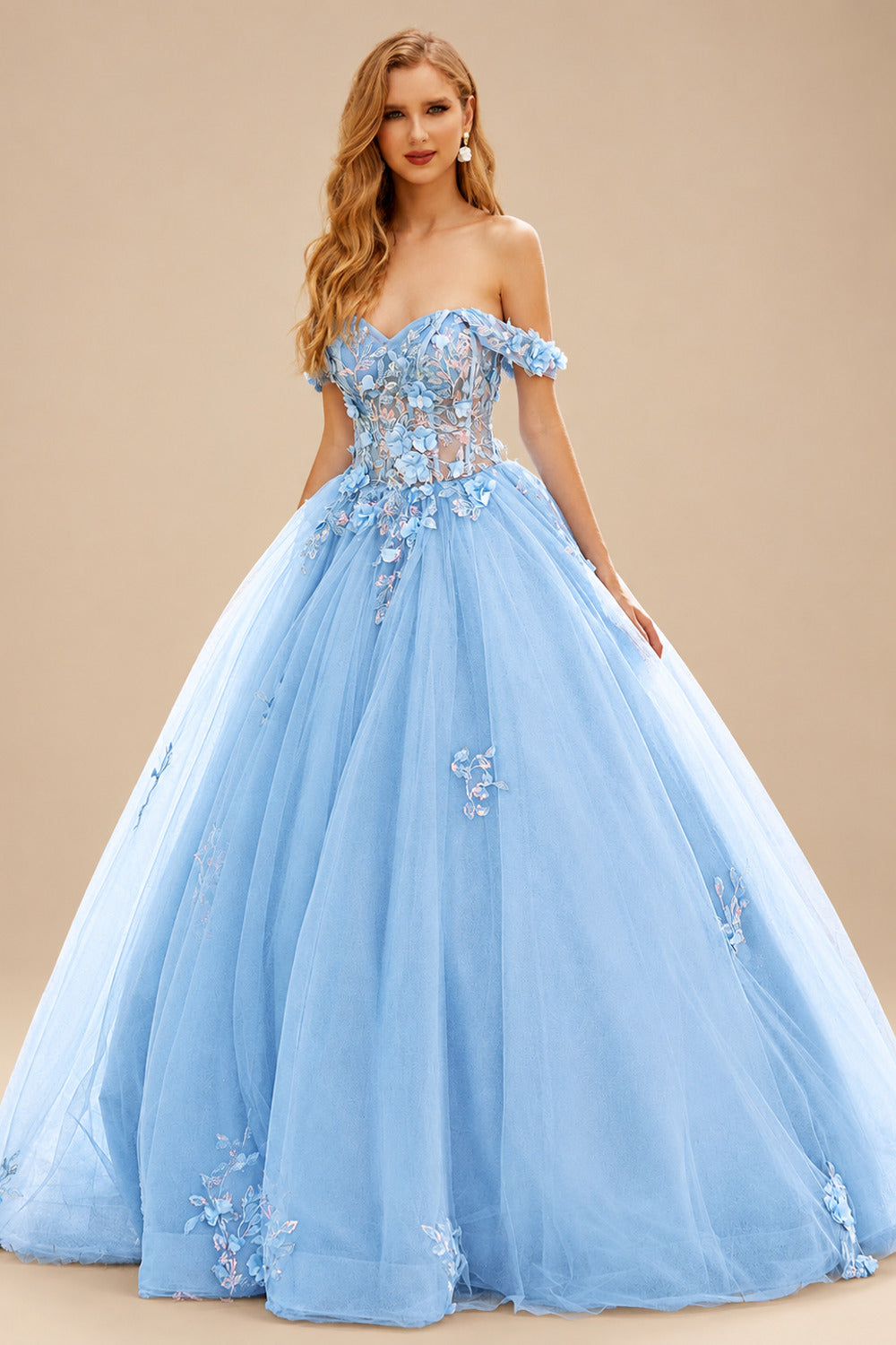Rutipo Sky Blue Ball Gown Off-the-Shoulder Long Tulle Prom Dress with Appliqued Sequins Petticoat