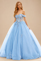 Rutipo Sky Blue Ball Gown Off-the-Shoulder Long Tulle Prom Dress with Appliqued Sequins Petticoat