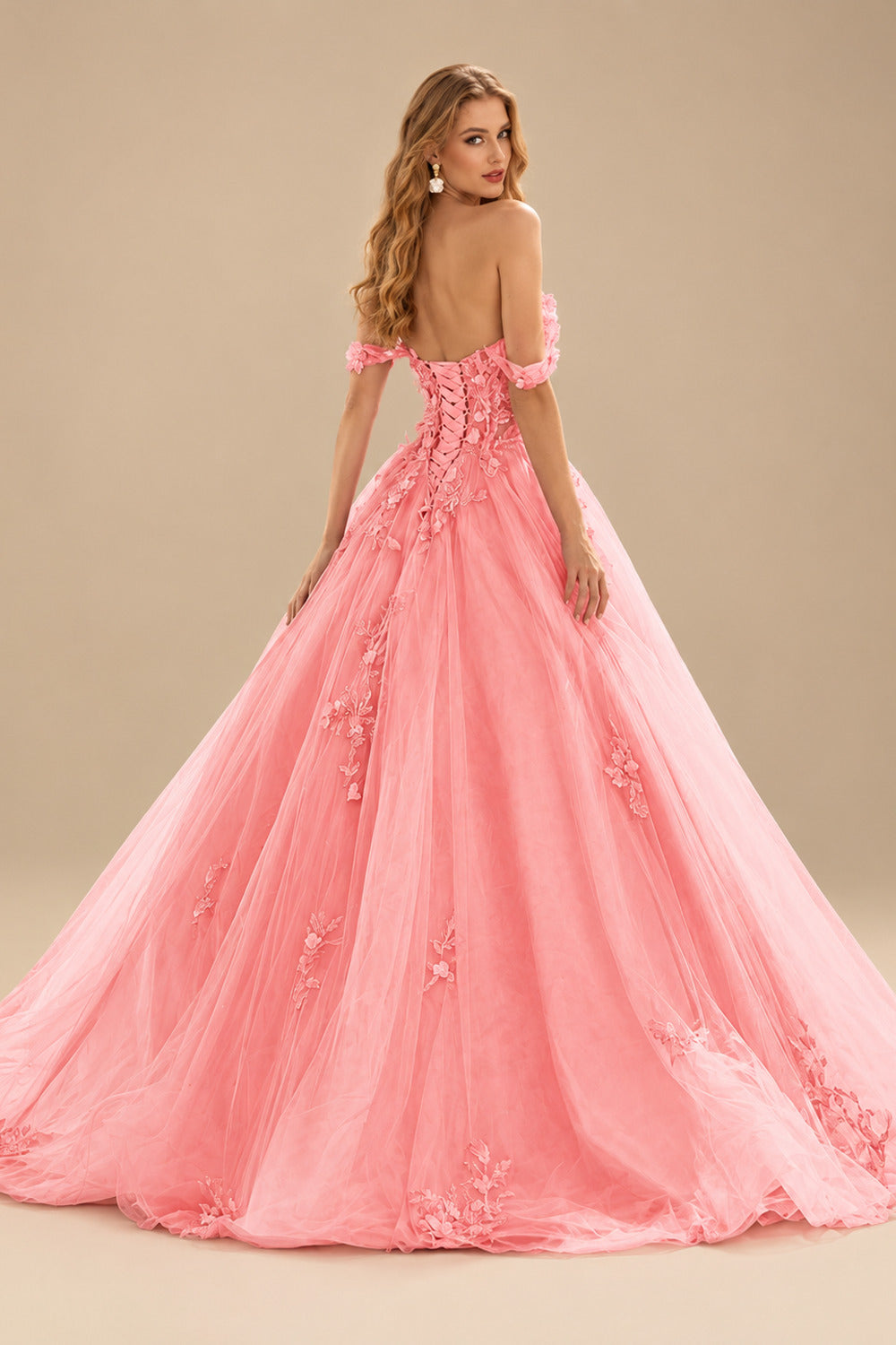 Rutipo Watermelon Ball Gown Off-the-Shoulder Long Tulle Prom Dress with Appliqued Sequins Petticoat