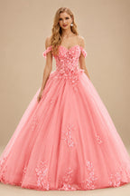 Rutipo Watermelon Ball Gown Off-the-Shoulder Long Tulle Prom Dress with Appliqued Sequins Petticoat