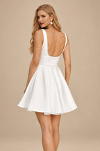 Rutipo White A-line Square Neckline Short/Mini Wedding Dress Satin with Beading Pleated