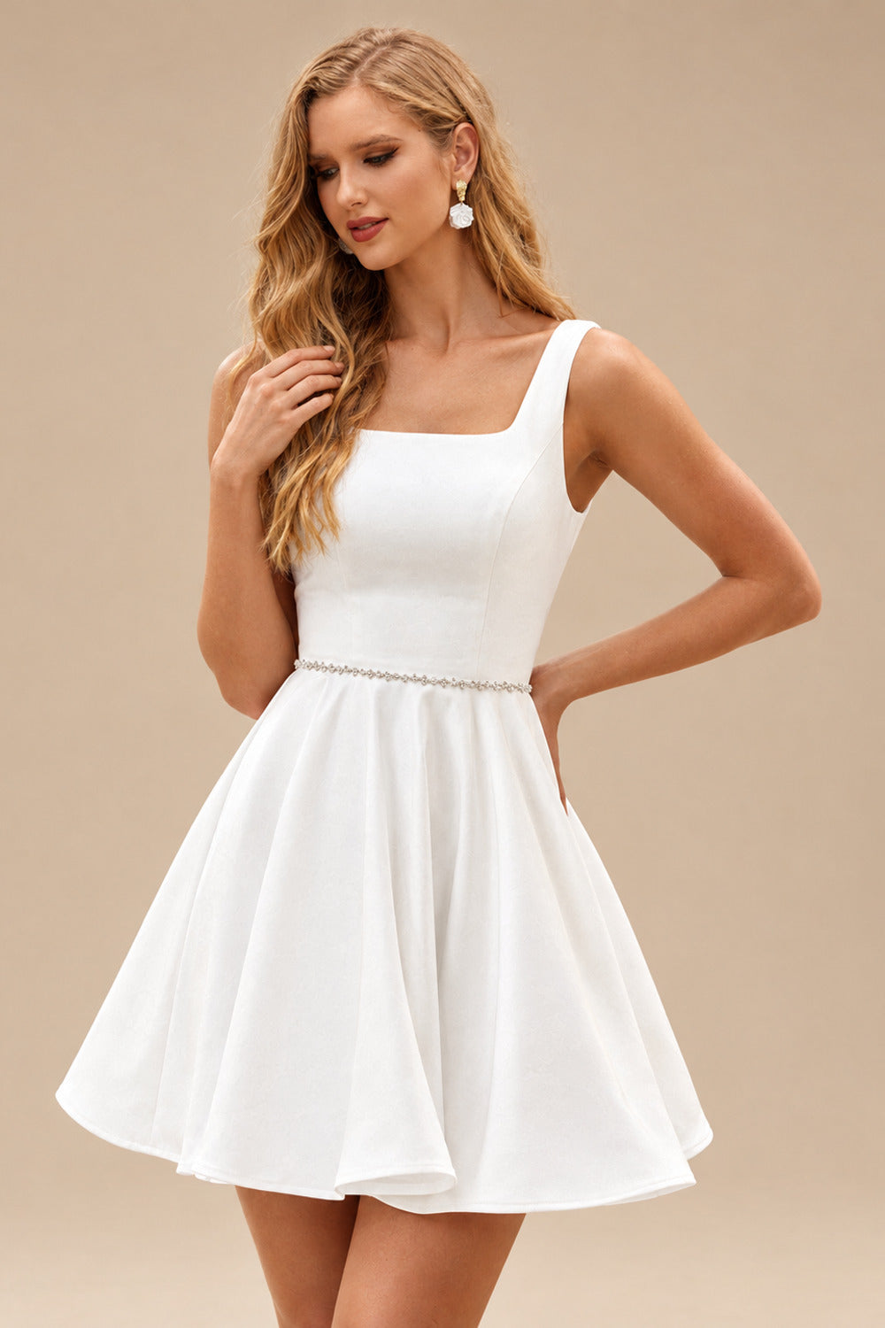Rutipo White A-line Square Neckline Short/Mini Wedding Dress Satin with Beading Pleated