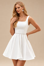 Rutipo White A-line Square Neckline Short/Mini Wedding Dress Satin with Beading Pleated