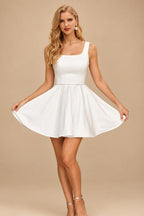 Rutipo White A-line Square Neckline Short/Mini Wedding Dress Satin with Beading Pleated