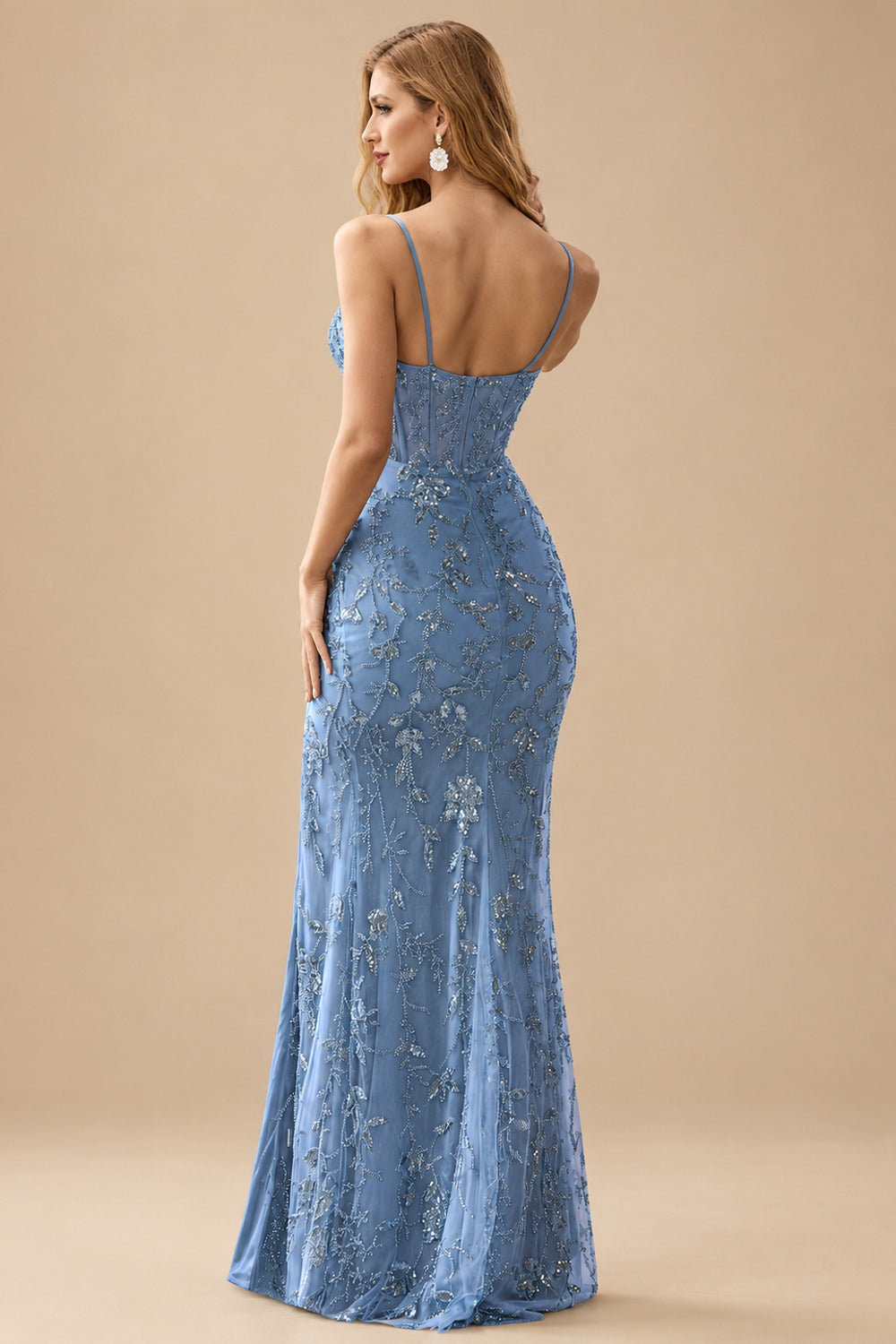 Rutipo As picture High-end Sheath Corset Beaded Tulle Tight Slit Prom Dress with Spaghetti Straps