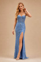 Rutipo As picture High-end Sheath Corset Beaded Tulle Tight Slit Prom Dress with Spaghetti Straps