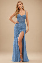 Rutipo As picture High-end Sheath Corset Beaded Tulle Tight Slit Prom Dress with Spaghetti Straps