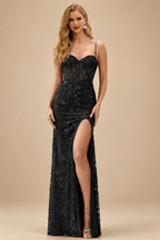 Rutipo Black High-end Sheath Corset Beaded Tulle Tight Slit Prom Dress with Spaghetti Straps