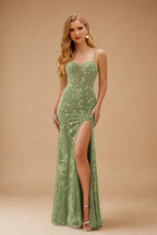 Rutipo Celadon High-end Sheath Corset Beaded Tulle Tight Slit Prom Dress with Spaghetti Straps
