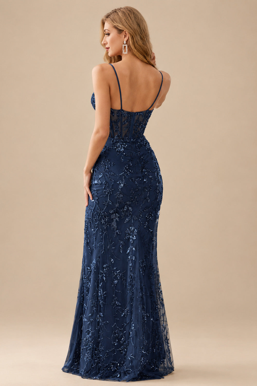 Rutipo Dark Navy High-end Sheath Corset Beaded Tulle Tight Slit Prom Dress with Spaghetti Straps