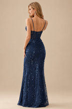 Rutipo Dark Navy High-end Sheath Corset Beaded Tulle Tight Slit Prom Dress with Spaghetti Straps