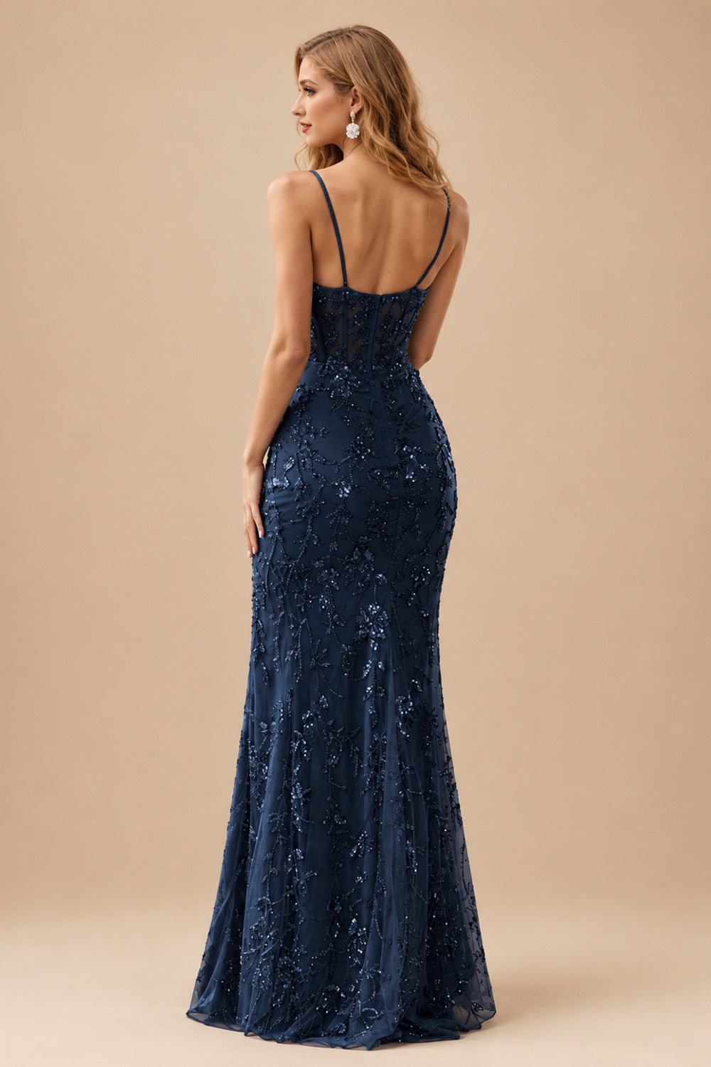 Rutipo Dark Navy High-end Sheath Corset Beaded Tulle Tight Slit Prom Dress with Spaghetti Straps