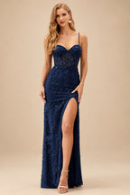 Rutipo Dark Navy High-end Sheath Corset Beaded Tulle Tight Slit Prom Dress with Spaghetti Straps
