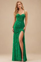 Rutipo Emerald High-end Sheath Corset Beaded Tulle Tight Slit Prom Dress with Spaghetti Straps