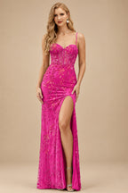 Rutipo Fuchsia High-end Sheath Corset Beaded Tulle Tight Slit Prom Dress with Spaghetti Straps