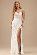 Rutipo Ivory High-end Sheath Corset Beaded Tulle Tight Slit Prom Dress with Spaghetti Straps