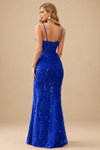 Rutipo Royal Blue High-end Sheath Corset Beaded Tulle Tight Slit Prom Dress with Spaghetti Straps