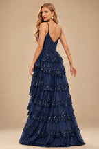 Rutipo Dark Navy A-line Corset Tiered Ruffle Slit Prom Dress with Appliqued Sequins
