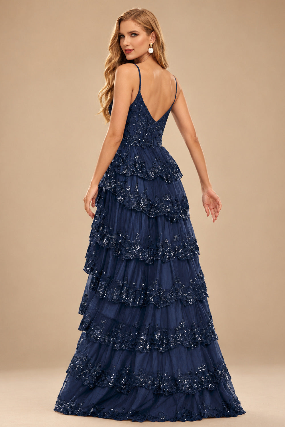 Rutipo Dark Navy A-line Corset Tiered Ruffle Slit Prom Dress with Appliqued Sequins