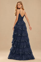 Rutipo Dark Navy A-line Corset Tiered Ruffle Slit Prom Dress with Appliqued Sequins