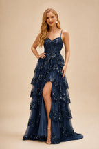 Rutipo Dark Navy A-line Corset Tiered Ruffle Slit Prom Dress with Appliqued Sequins