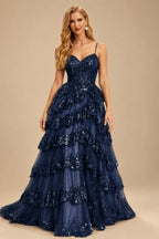 Rutipo Dark Navy A-line Corset Tiered Ruffle Slit Prom Dress with Appliqued Sequins