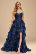 Rutipo Dark Navy A-line Corset Tiered Ruffle Slit Prom Dress with Appliqued Sequins