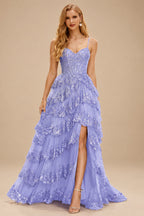 Rutipo Lavender A-line Corset Tiered Ruffle Slit Prom Dress with Appliqued Sequins