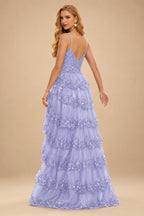 Rutipo Lavender A-line Corset Tiered Ruffle Slit Prom Dress with Appliqued Sequins