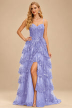 Rutipo Lavender A-line Corset Tiered Ruffle Slit Prom Dress with Appliqued Sequins