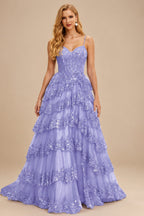 Rutipo Lavender A-line Corset Tiered Ruffle Slit Prom Dress with Appliqued Sequins