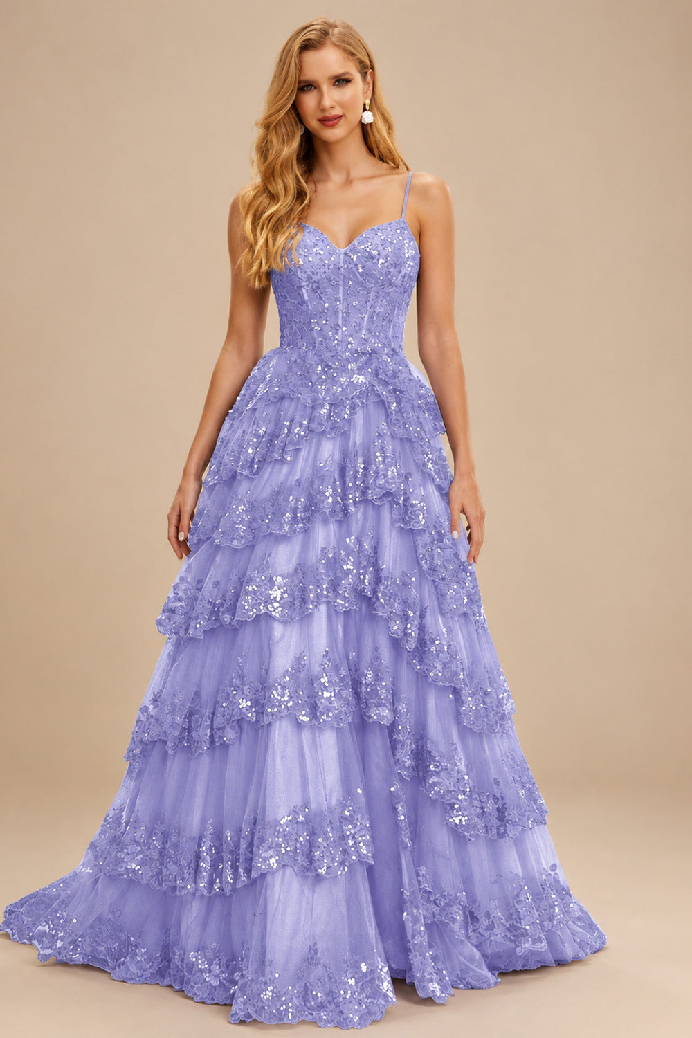 Rutipo Lavender A-line Corset Tiered Ruffle Slit Prom Dress with Appliqued Sequins