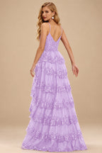 Rutipo Lilac A-line Corset Tiered Ruffle Slit Prom Dress with Appliqued Sequins