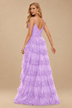 Rutipo Lilac A-line Corset Tiered Ruffle Slit Prom Dress with Appliqued Sequins