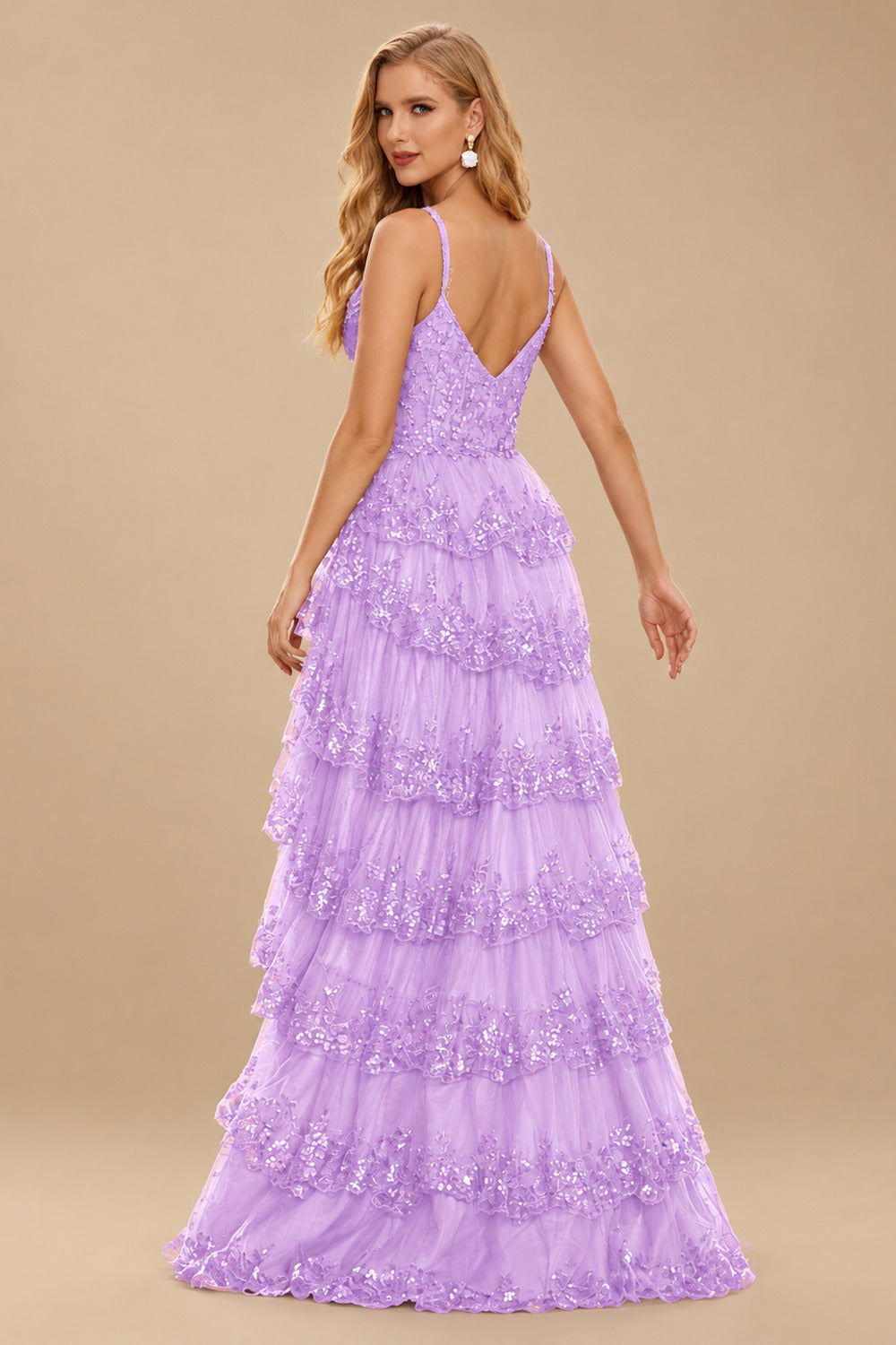 Rutipo Lilac A-line Corset Tiered Ruffle Slit Prom Dress with Appliqued Sequins