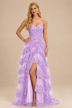 Rutipo Lilac A-line Corset Tiered Ruffle Slit Prom Dress with Appliqued Sequins