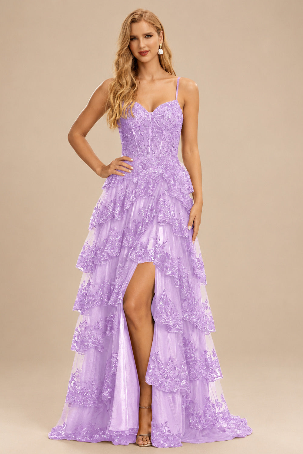 Rutipo Lilac A-line Corset Tiered Ruffle Slit Prom Dress with Appliqued Sequins