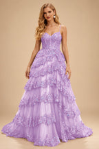 Rutipo Lilac A-line Corset Tiered Ruffle Slit Prom Dress with Appliqued Sequins